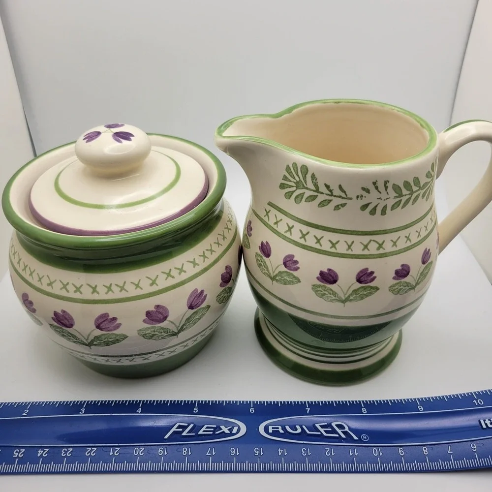 Pfaltzgraff Cottage Circle of Kindness Purple Tulip Sugar and Creamer Set